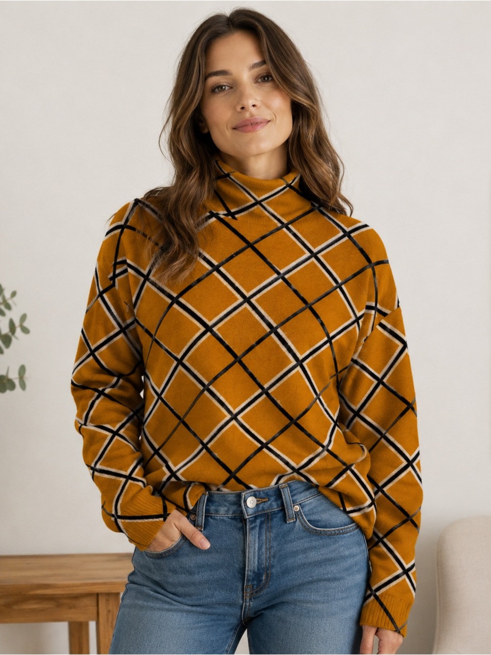 Tahari Woman’s Size XS Golden Mustard Turtleneck Sweater Plaid Windowpane Design
